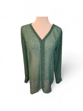 CAbi Green V-Neck Long Sleeve Printed Top